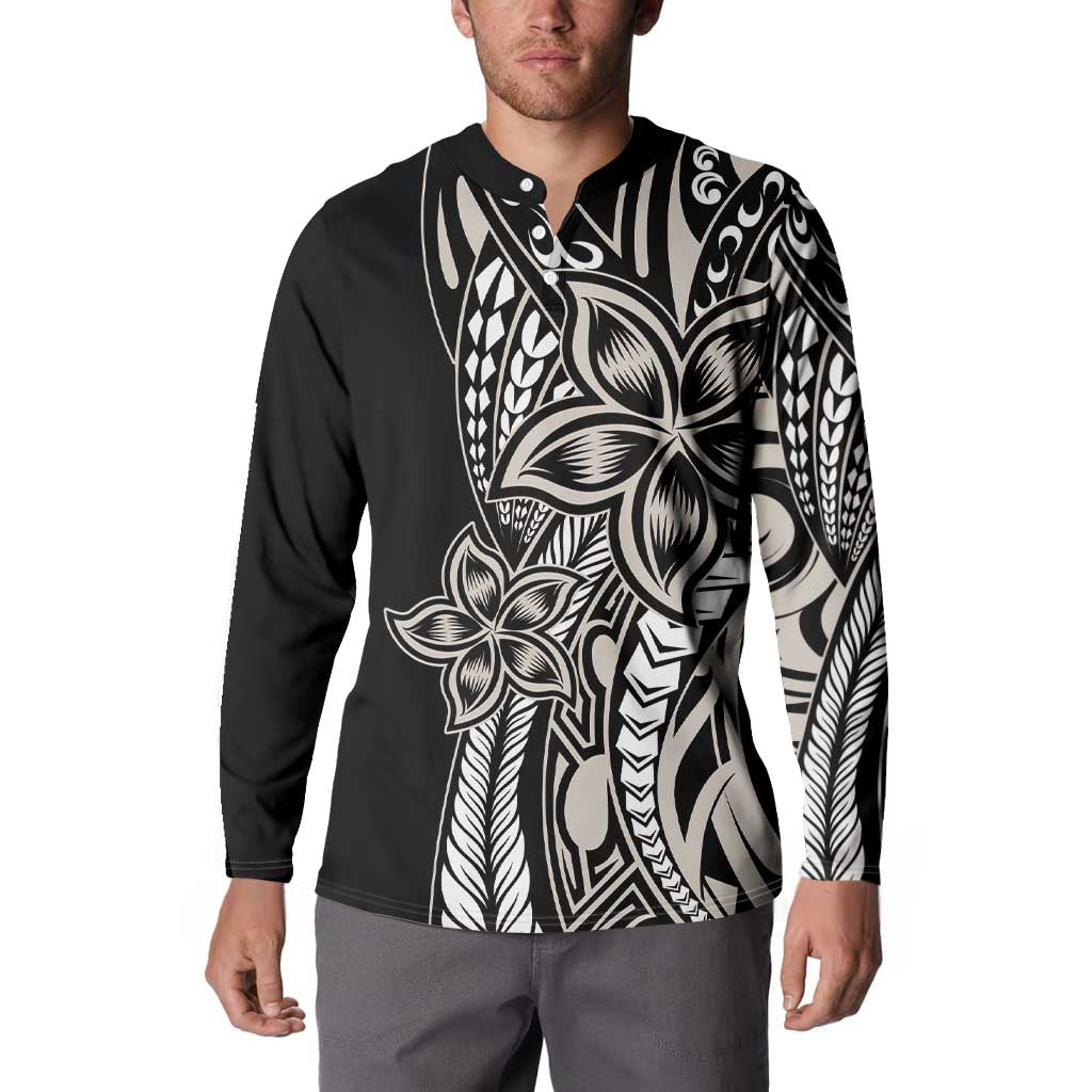 Polynesian Plumeria Floral Tattoo Pattern Button Sweatshirt Beige Style