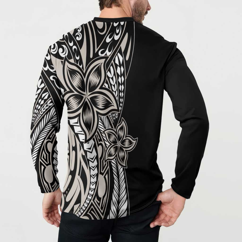 Polynesian Plumeria Floral Tattoo Pattern Button Sweatshirt Beige Style