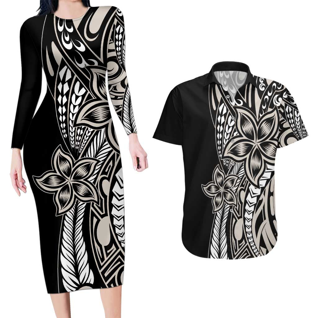 Polynesian Plumeria Floral Tattoo Pattern Couples Matching Long Sleeve Bodycon Dress and Hawaiian Shirt Beige Style LT9 Beige - Polynesian Pride