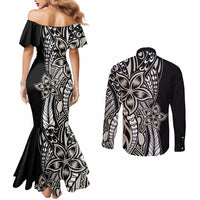 Polynesian Plumeria Floral Tattoo Pattern Couples Matching Mermaid Dress and Long Sleeve Button Shirt Beige Style LT9 - Polynesian Pride