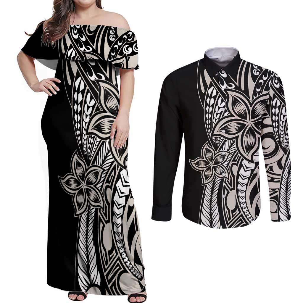 Polynesian Plumeria Floral Tattoo Pattern Couples Matching Off Shoulder Maxi Dress and Long Sleeve Button Shirt Beige Style LT9 Beige - Polynesian Pride