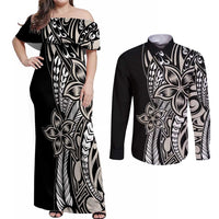 Polynesian Plumeria Floral Tattoo Pattern Couples Matching Off Shoulder Maxi Dress and Long Sleeve Button Shirt Beige Style LT9 Beige - Polynesian Pride