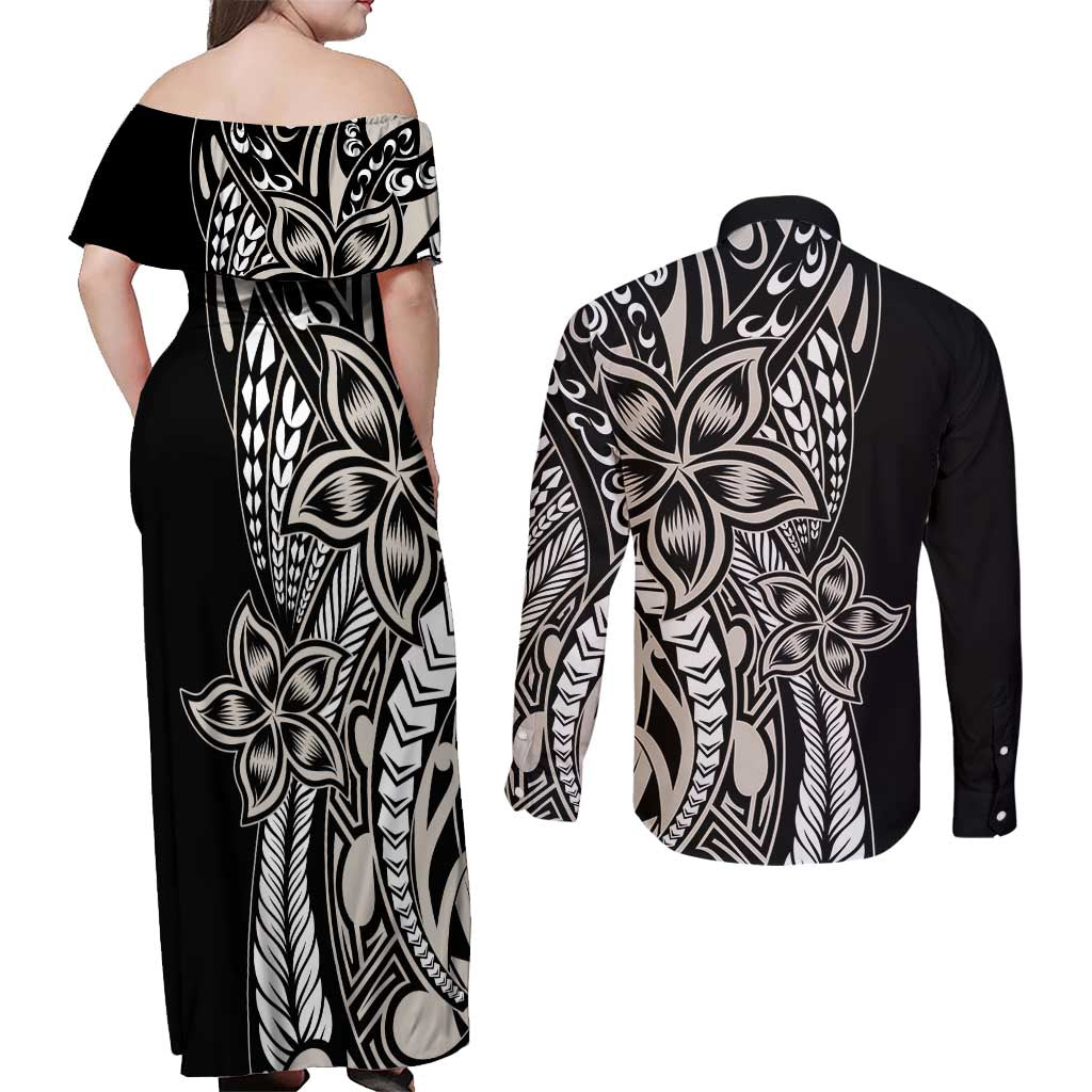 Polynesian Plumeria Floral Tattoo Pattern Couples Matching Off Shoulder Maxi Dress and Long Sleeve Button Shirt Beige Style LT9 - Polynesian Pride