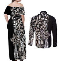 Polynesian Plumeria Floral Tattoo Pattern Couples Matching Off Shoulder Maxi Dress and Long Sleeve Button Shirt Beige Style LT9 - Polynesian Pride