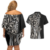 Polynesian Plumeria Floral Tattoo Pattern Couples Matching Off Shoulder Short Dress and Hawaiian Shirt Beige Style LT9 - Polynesian Pride