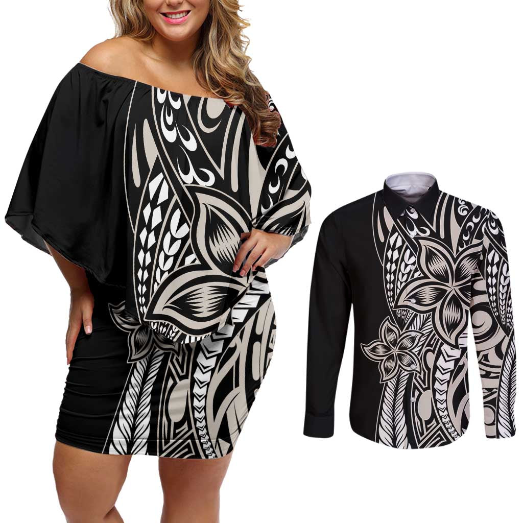 Polynesian Plumeria Floral Tattoo Pattern Couples Matching Off Shoulder Short Dress and Long Sleeve Button Shirt Beige Style LT9 Beige - Polynesian Pride