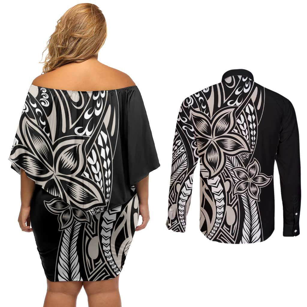 Polynesian Plumeria Floral Tattoo Pattern Couples Matching Off Shoulder Short Dress and Long Sleeve Button Shirt Beige Style LT9 - Polynesian Pride