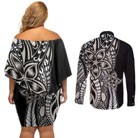 Polynesian Plumeria Floral Tattoo Pattern Couples Matching Off Shoulder Short Dress and Long Sleeve Button Shirt Beige Style LT9 - Polynesian Pride