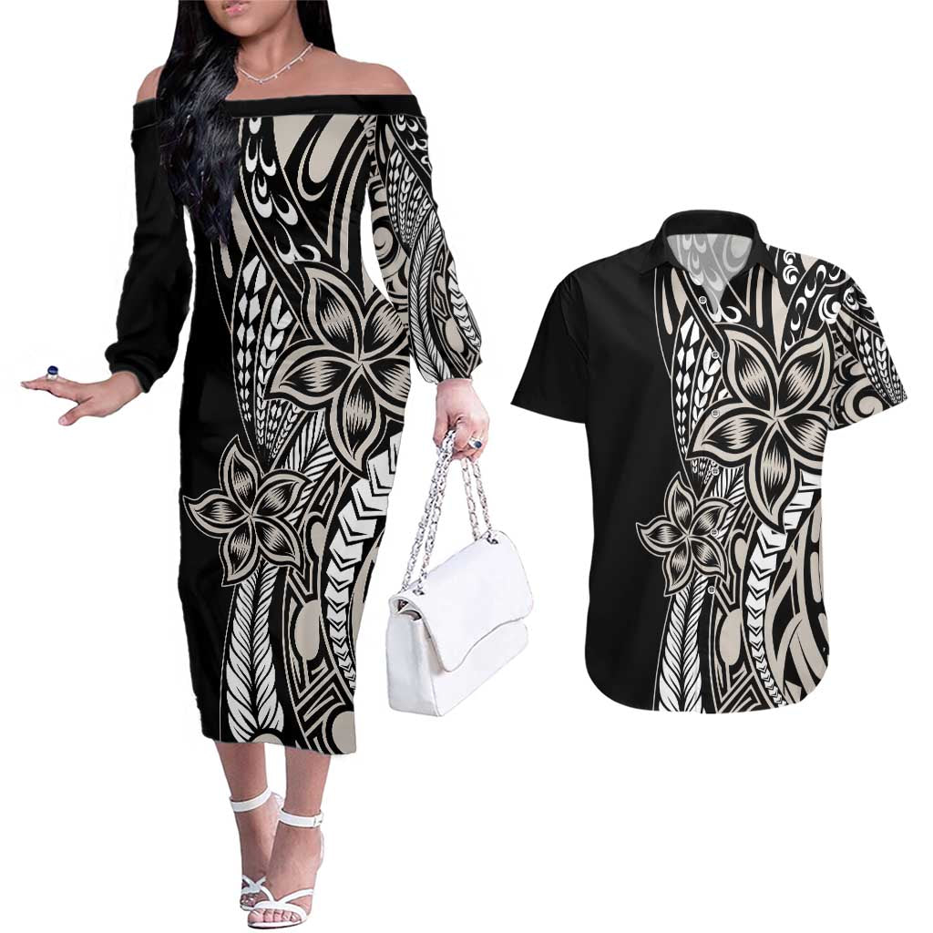 Polynesian Plumeria Floral Tattoo Pattern Couples Matching Off The Shoulder Long Sleeve Dress and Hawaiian Shirt Beige Style LT9 Beige - Polynesian Pride