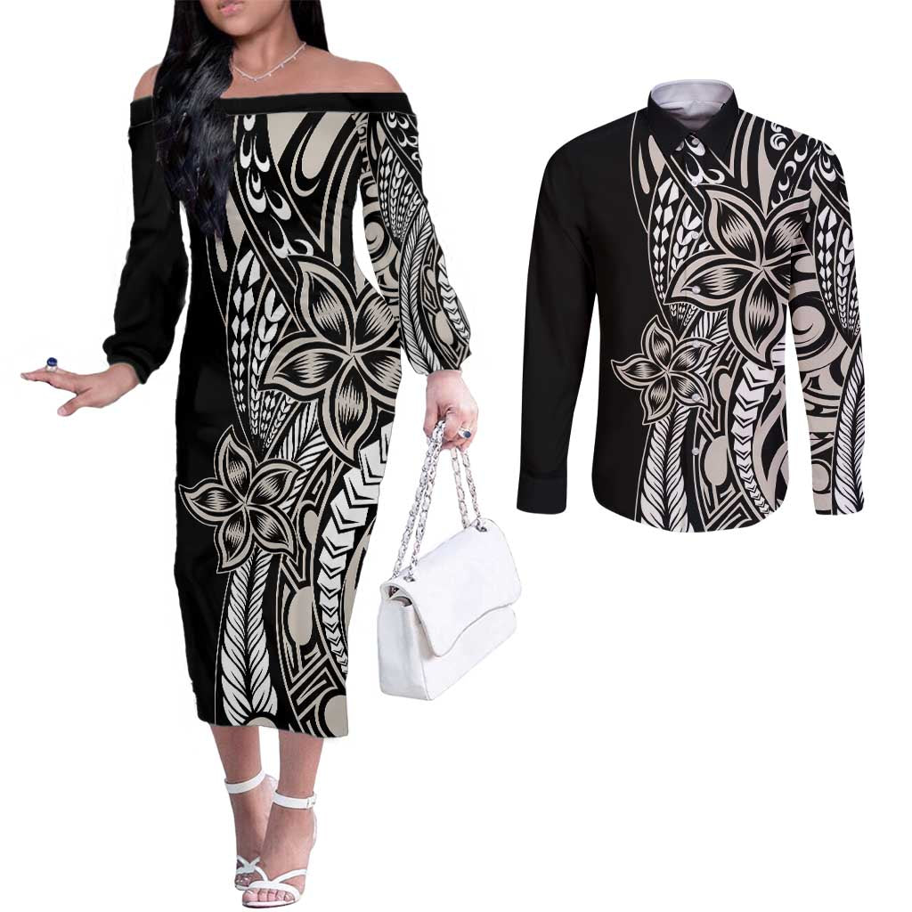 Polynesian Plumeria Floral Tattoo Pattern Couples Matching Off The Shoulder Long Sleeve Dress and Long Sleeve Button Shirt Beige Style LT9 Beige - Polynesian Pride