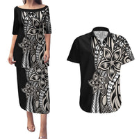 Polynesian Plumeria Floral Tattoo Pattern Couples Matching Puletasi and Hawaiian Shirt Beige Style LT9 Beige - Polynesian Pride