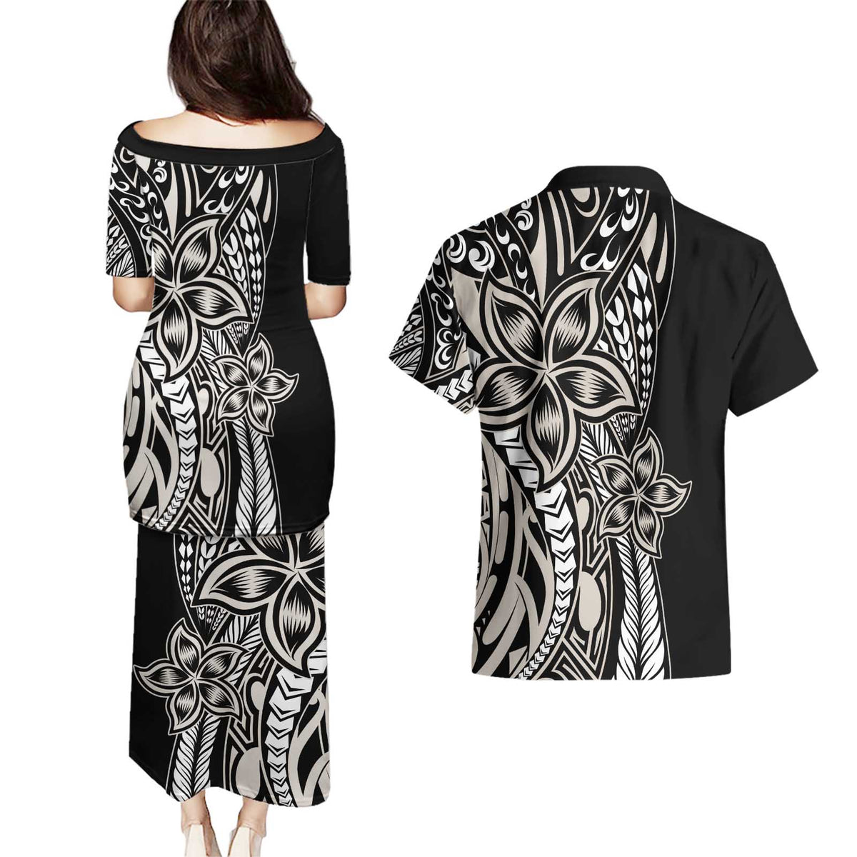 Polynesian Plumeria Floral Tattoo Pattern Couples Matching Puletasi and Hawaiian Shirt Beige Style LT9 - Polynesian Pride