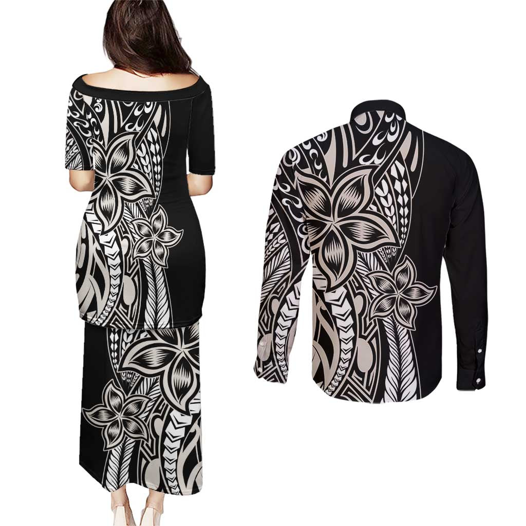 Polynesian Plumeria Floral Tattoo Pattern Couples Matching Puletasi and Long Sleeve Button Shirt Beige Style LT9 - Polynesian Pride