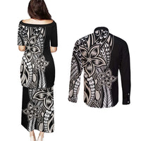 Polynesian Plumeria Floral Tattoo Pattern Couples Matching Puletasi and Long Sleeve Button Shirt Beige Style LT9 - Polynesian Pride