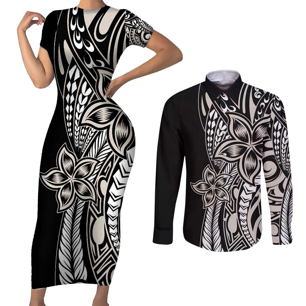 Polynesian Plumeria Floral Tattoo Pattern Couples Matching Short Sleeve Bodycon Dress and Long Sleeve Button Shirt Beige Style LT9 Beige - Polynesian Pride