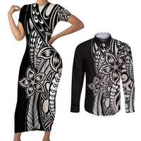 Polynesian Plumeria Floral Tattoo Pattern Couples Matching Short Sleeve Bodycon Dress and Long Sleeve Button Shirt Beige Style LT9 Beige - Polynesian Pride