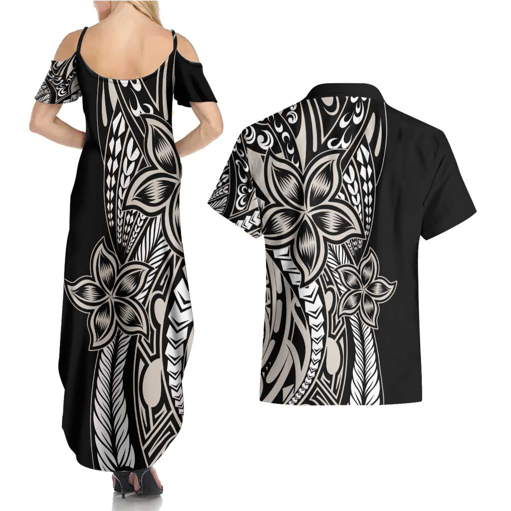 Polynesian Plumeria Floral Tattoo Pattern Couples Matching Summer Maxi Dress and Hawaiian Shirt Beige Style