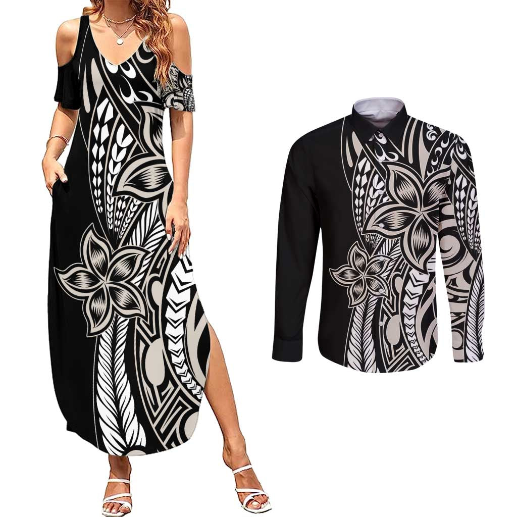 Polynesian Plumeria Floral Tattoo Pattern Couples Matching Summer Maxi Dress and Long Sleeve Button Shirt Beige Style LT9 Beige - Polynesian Pride