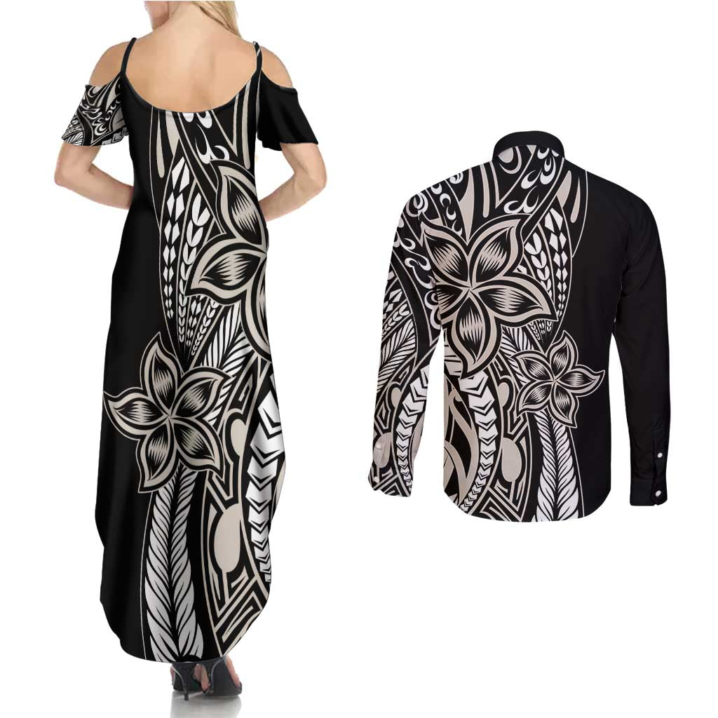 Polynesian Plumeria Floral Tattoo Pattern Couples Matching Summer Maxi Dress and Long Sleeve Button Shirt Beige Style LT9 - Polynesian Pride