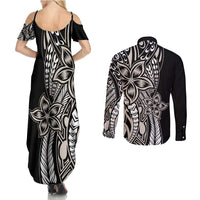 Polynesian Plumeria Floral Tattoo Pattern Couples Matching Summer Maxi Dress and Long Sleeve Button Shirt Beige Style LT9 - Polynesian Pride