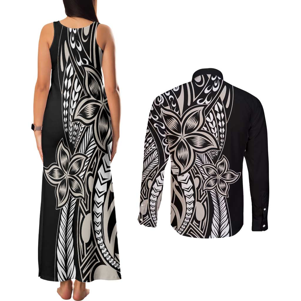 Polynesian Plumeria Floral Tattoo Pattern Couples Matching Tank Maxi Dress and Long Sleeve Button Shirt Beige Style LT9 - Polynesian Pride