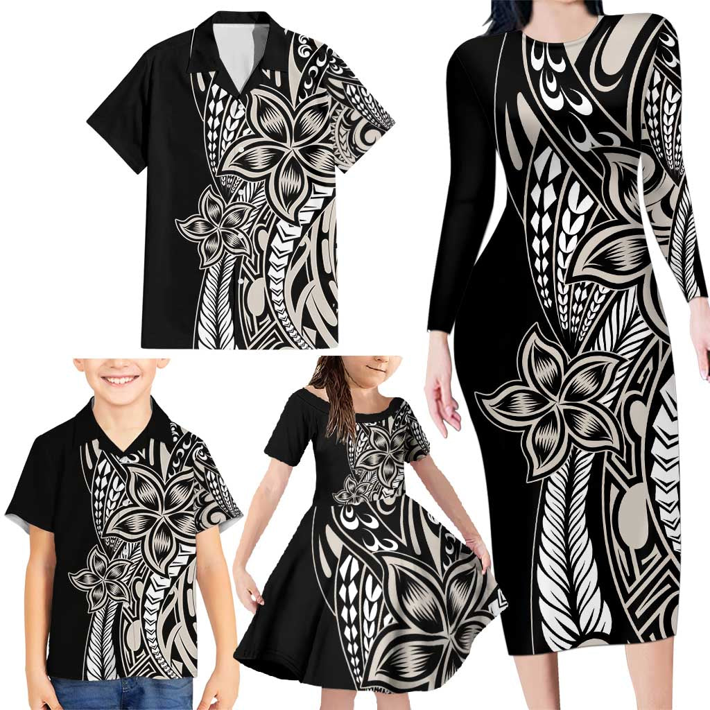 Polynesian Plumeria Floral Tattoo Pattern Family Matching Long Sleeve Bodycon Dress and Hawaiian Shirt Beige Style LT9 - Polynesian Pride