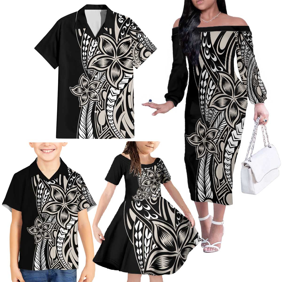 Polynesian Plumeria Floral Tattoo Pattern Family Matching Off The Shoulder Long Sleeve Dress and Hawaiian Shirt Beige Style