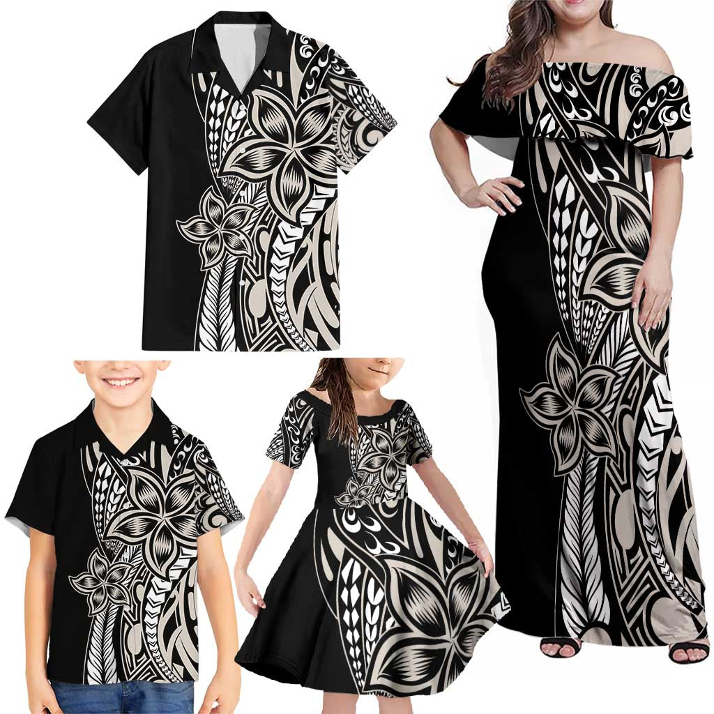 Polynesian Plumeria Floral Tattoo Pattern Family Matching Off Shoulder Maxi Dress and Hawaiian Shirt Beige Style