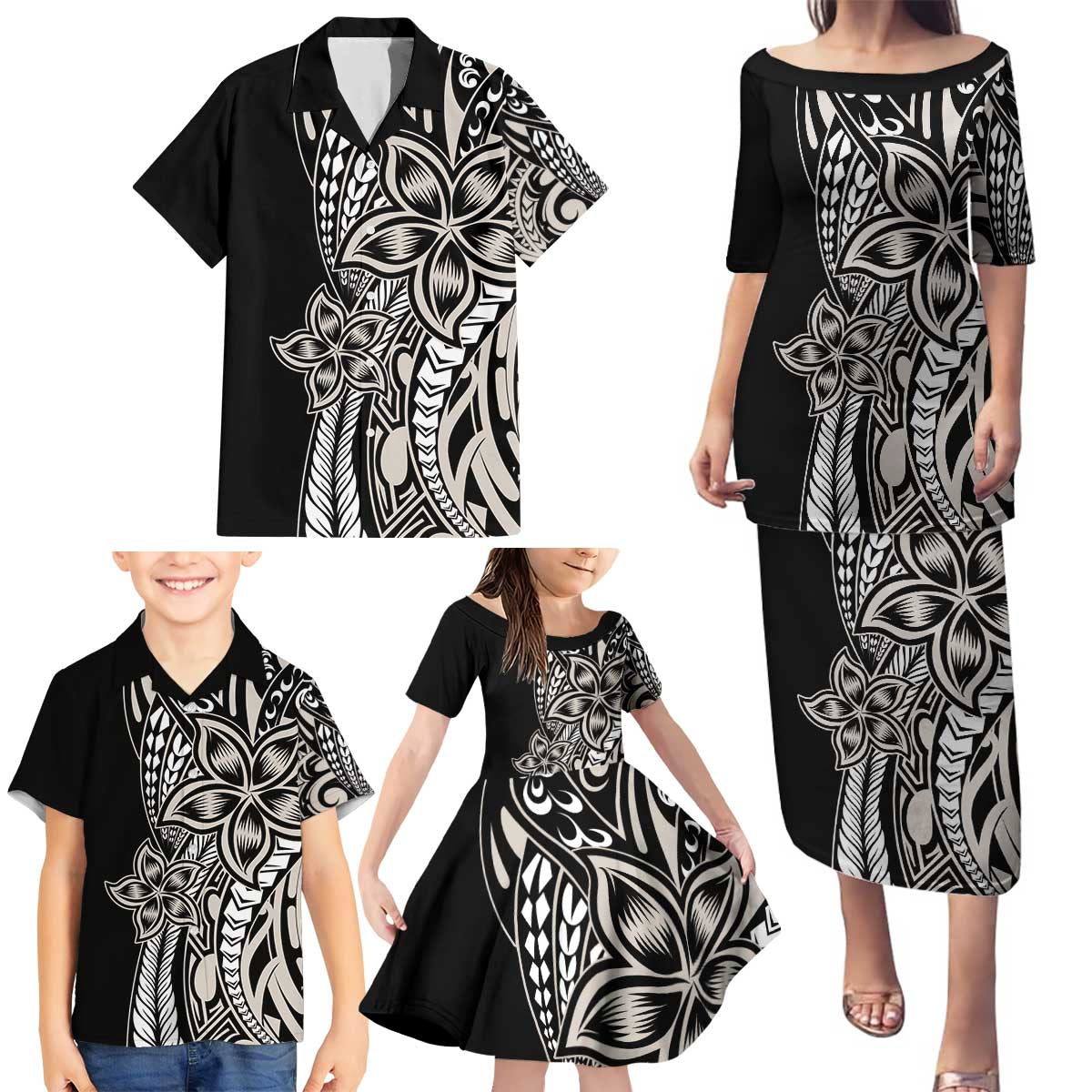 Polynesian Plumeria Floral Tattoo Pattern Family Matching Puletasi and Hawaiian Shirt Beige Style LT9 - Polynesian Pride