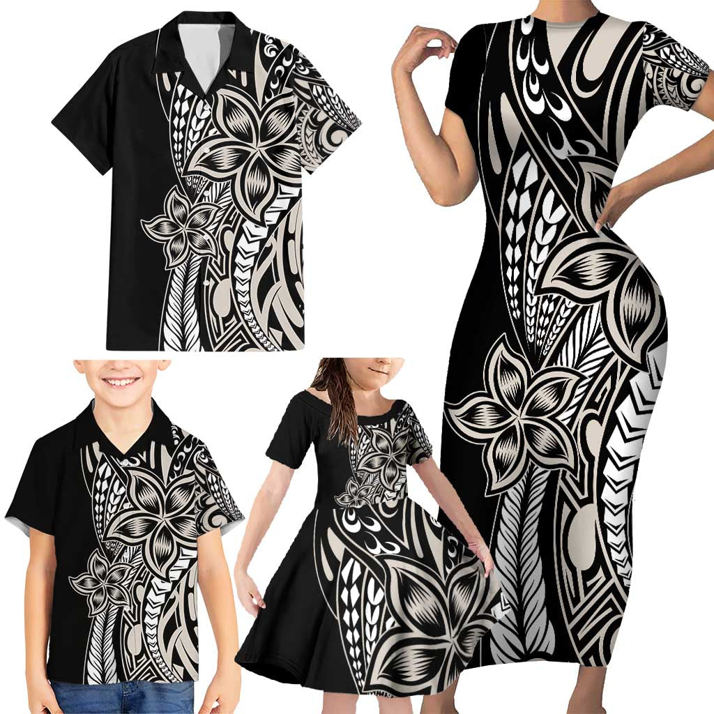 Polynesian Plumeria Floral Tattoo Pattern Family Matching Short Sleeve Bodycon Dress and Hawaiian Shirt Beige Style