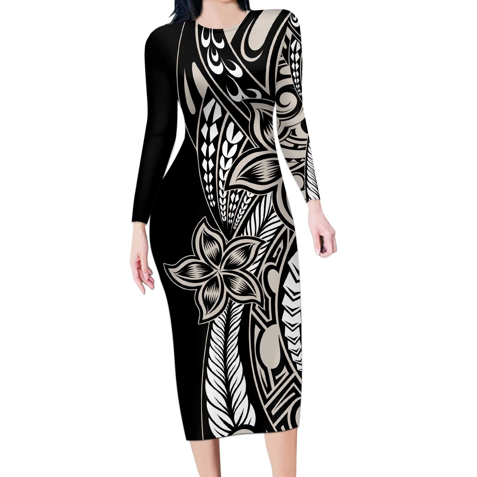 Polynesian Plumeria Floral Tattoo Pattern Long Sleeve Bodycon Dress Beige Style