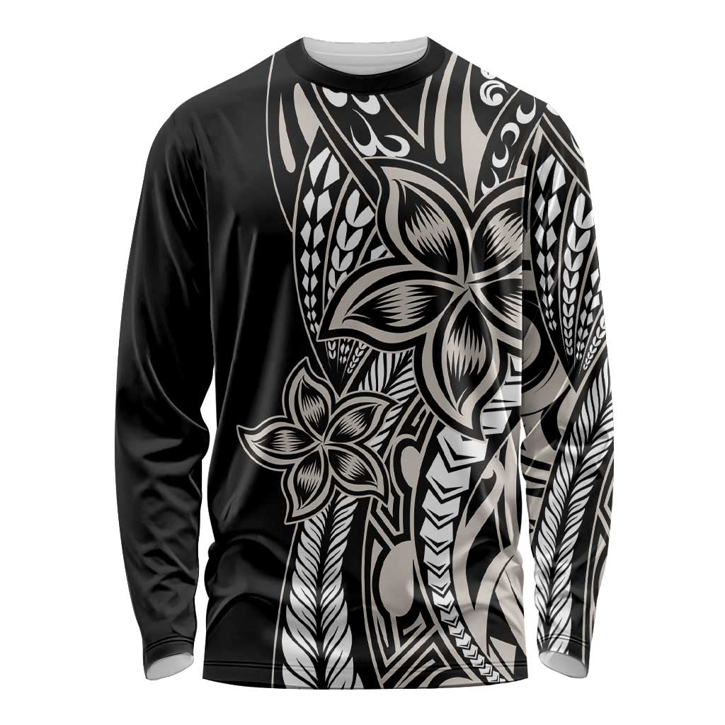 Polynesian Plumeria Floral Tattoo Pattern Long Sleeve Shirt Beige Style