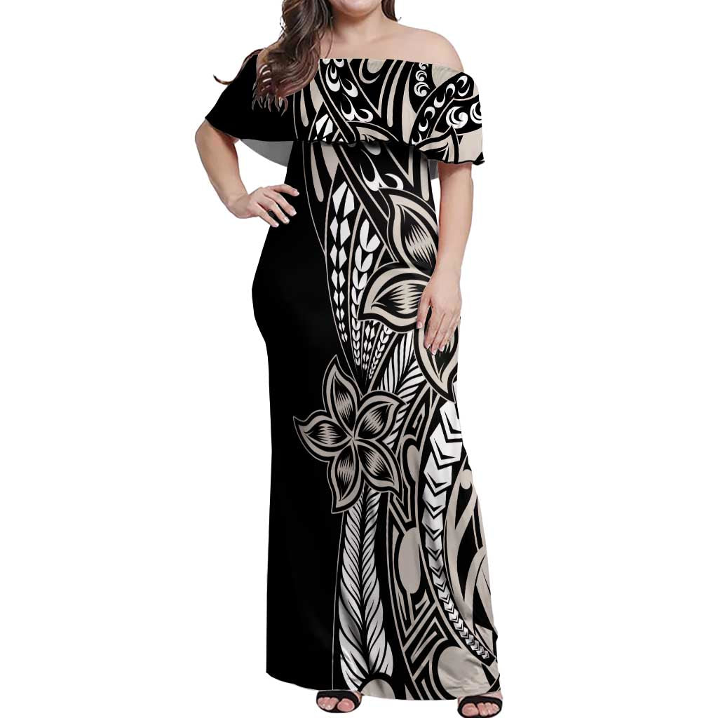 Polynesian Plumeria Floral Tattoo Pattern Off Shoulder Maxi Dress Beige Style LT9 Women Beige - Polynesian Pride