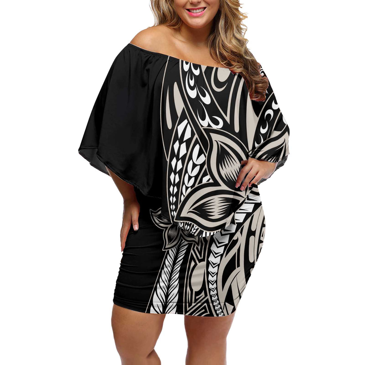 Polynesian Plumeria Floral Tattoo Pattern Off Shoulder Short Dress Beige Style LT9 Women Beige - Polynesian Pride