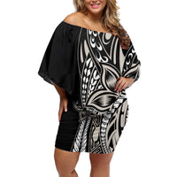 Polynesian Plumeria Floral Tattoo Pattern Off Shoulder Short Dress Beige Style LT9 Women Beige - Polynesian Pride
