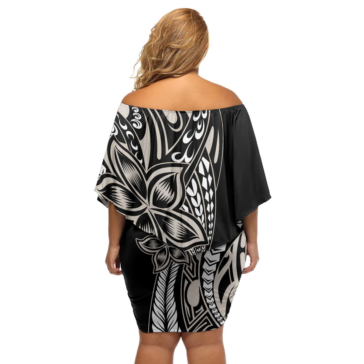 Polynesian Plumeria Floral Tattoo Pattern Off Shoulder Short Dress Beige Style LT9 - Polynesian Pride