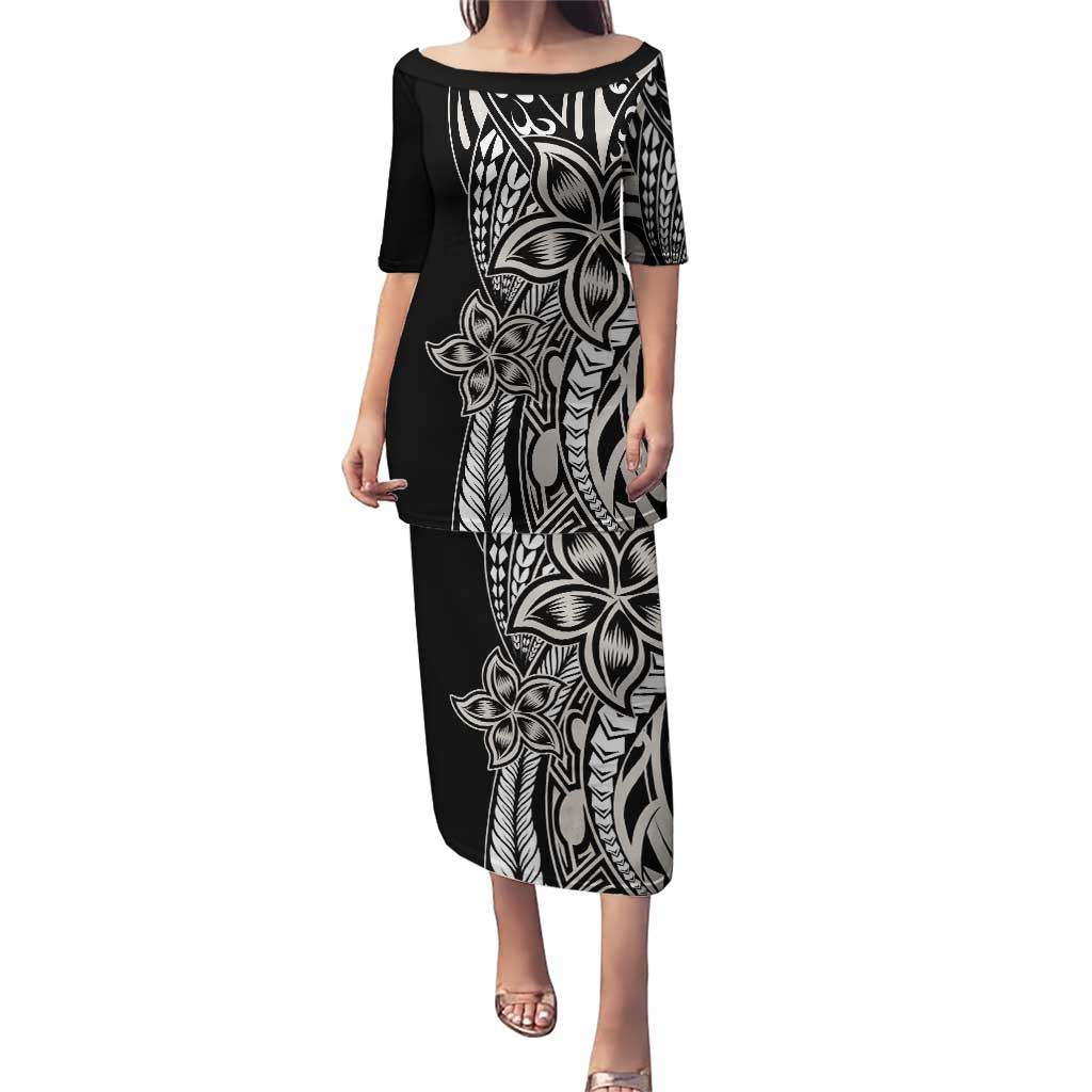 Polynesian Plumeria Floral Tattoo Pattern Puletasi Beige Style LT9 Long Dress Beige - Polynesian Pride