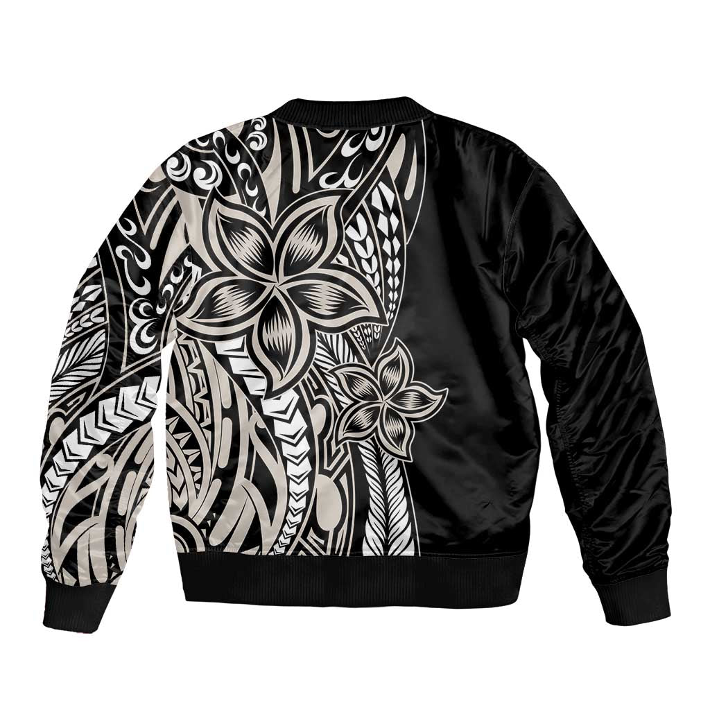 Polynesian Plumeria Floral Tattoo Pattern Sleeve Zip Bomber Jacket Beige Style