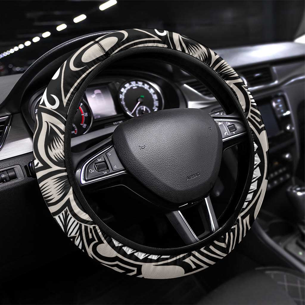 Polynesian Plumeria Floral Tattoo Pattern Steering Wheel Cover Beige Style LT9 Universal Fit Beige - Polynesian Pride