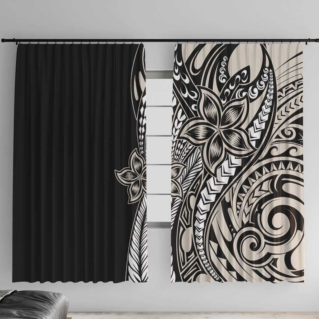 Polynesian Plumeria Floral Tattoo Pattern Window Curtain Beige Style LT9 With Hooks Beige - Polynesian Pride