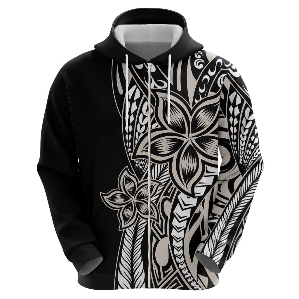 Polynesian Plumeria Floral Tattoo Pattern Zip Hoodie Beige Style