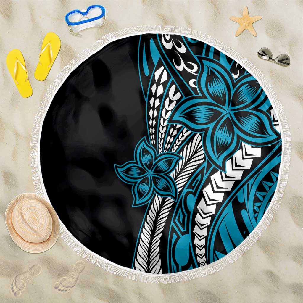 Polynesian Plumeria Floral Tattoo Pattern Beach Blanket Blue Style