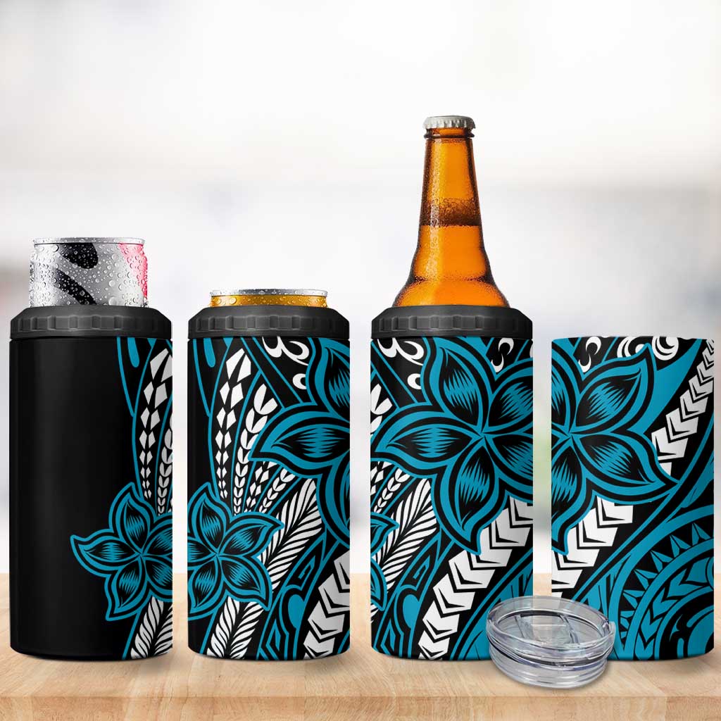 Polynesian Plumeria Floral Tattoo Pattern 4 in 1 Can Cooler Tumbler Bllue Style LT9 - Polynesian Pride