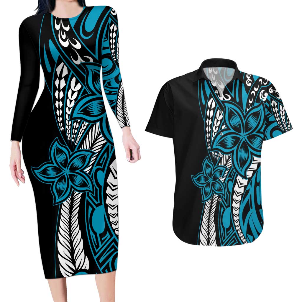 Polynesian Plumeria Floral Tattoo Pattern Couples Matching Long Sleeve Bodycon Dress and Hawaiian Shirt Bllue Style