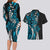 Polynesian Plumeria Floral Tattoo Pattern Couples Matching Long Sleeve Bodycon Dress and Hawaiian Shirt Bllue Style