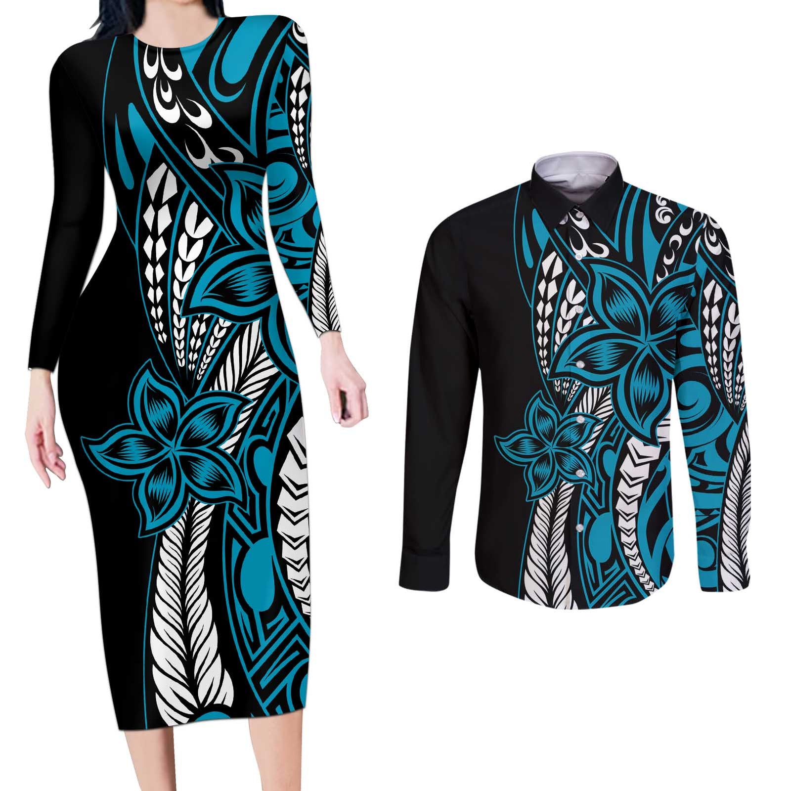 Polynesian Plumeria Floral Tattoo Pattern Couples Matching Long Sleeve Bodycon Dress and Long Sleeve Button Shirt Blue Style LT9 Blue - Polynesian Pride