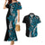 Polynesian Plumeria Floral Tattoo Pattern Couples Matching Mermaid Dress and Hawaiian Shirt Bllue Style