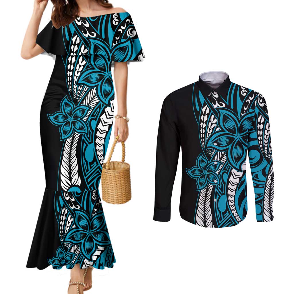 Polynesian Plumeria Floral Tattoo Pattern Couples Matching Mermaid Dress and Long Sleeve Button Shirt Blue Style LT9 Blue - Polynesian Pride