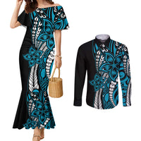Polynesian Plumeria Floral Tattoo Pattern Couples Matching Mermaid Dress and Long Sleeve Button Shirt Blue Style LT9 Blue - Polynesian Pride