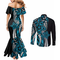 Polynesian Plumeria Floral Tattoo Pattern Couples Matching Mermaid Dress and Long Sleeve Button Shirt Blue Style LT9 - Polynesian Pride